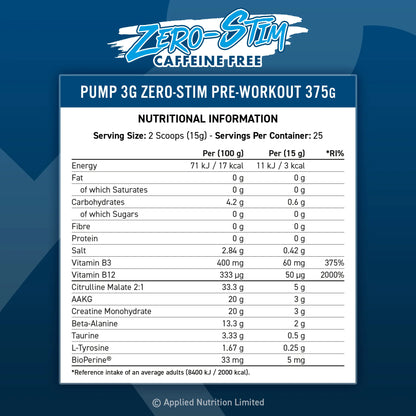 Applied Nutrition Pump 3G Zero Stim - Caffeine Free Pre-Workout, 375g.
